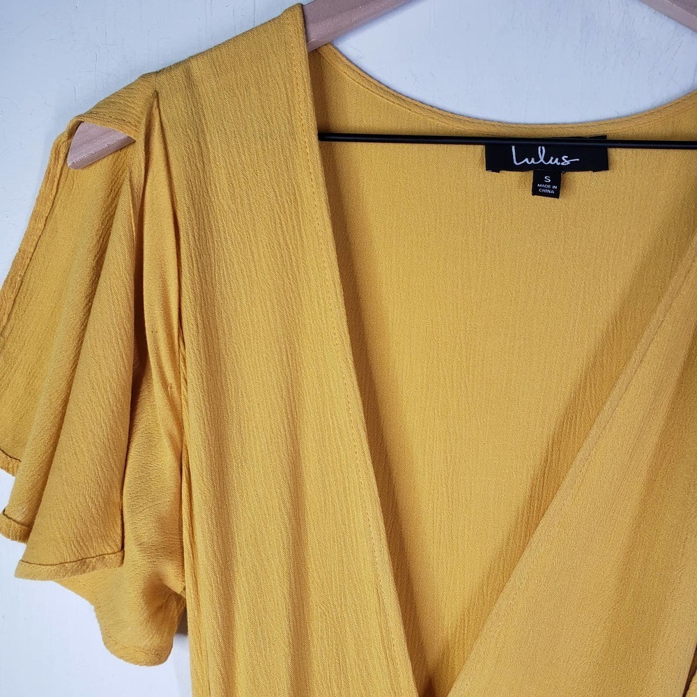 Lulus Much Obliged Mustard Yellow Crinkle Maxi Dress S Wrap Flutter Sleeve - Picture 5 of 13